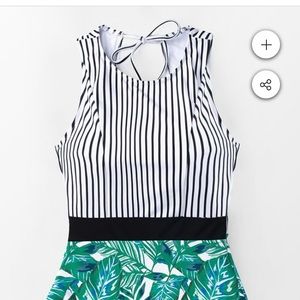 BLACK STRIPED AND LEAFY ONE-PIECE SWIMSUIT